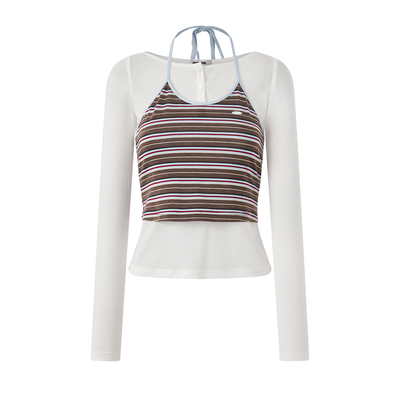 Eimismosol2026春季新款复古撞色两件套条纹针织背心女挂脖T恤