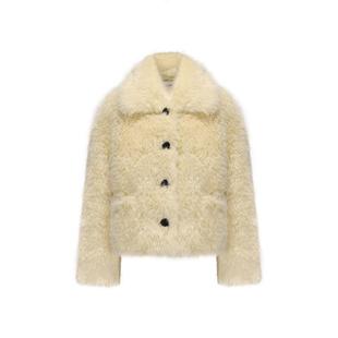 IF BY LAND秋冬女装上衣浅黄色简约短款翻领正肩仿皮草外套