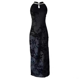 新中式国风复古改良旗袍女夏黑色挂脖连衣裙古着vintage初恋长裙