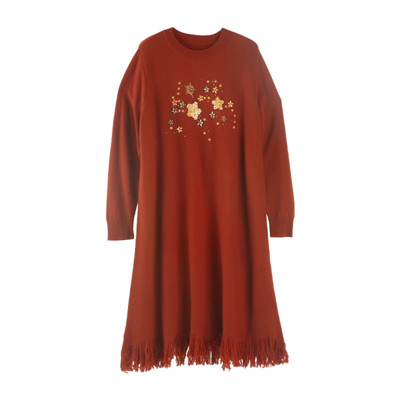 【100绵羊毛】美丽客栈大码女装秋新款圆领针织连衣裙女胖mm显瘦