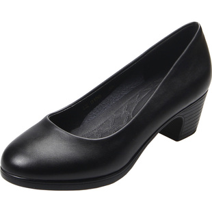 职业高跟鞋女黑色粗跟单鞋中跟软底皮鞋圆头酒店空姐工作鞋女浅口