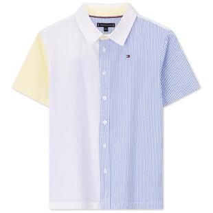 Tommy春夏童装男纯棉时尚休闲校园撞色不对称条纹短袖衬衣衬衫