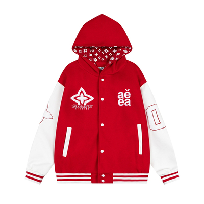 文文不乖原创美式字母刺绣连帽棒球服夹克男女情侣秋冬外套PU皮袖