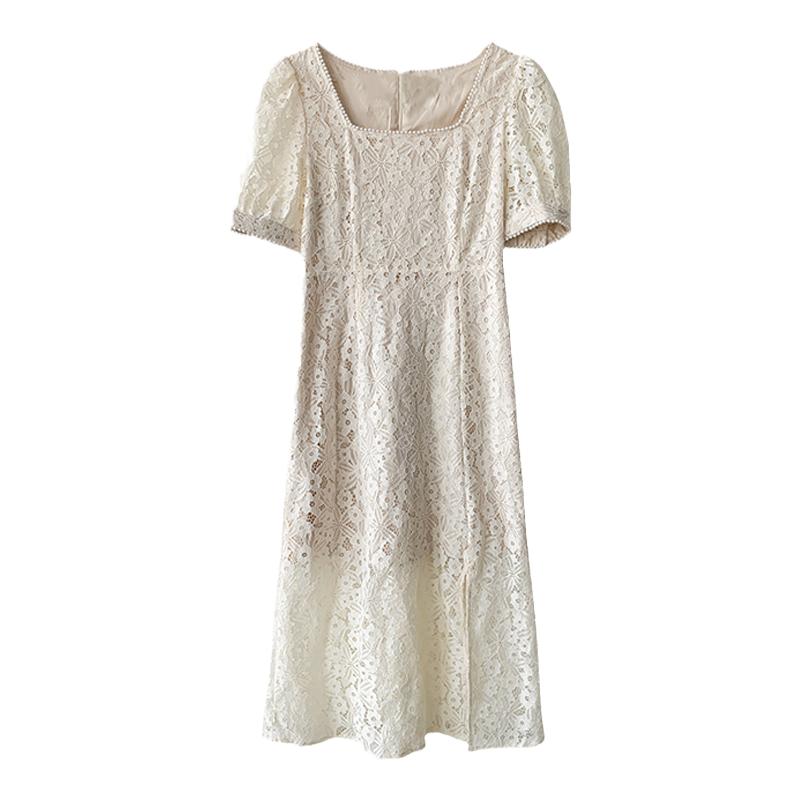 果哥定制蕾丝连衣裙女2022夏新款高级感方领法式温柔风侧开叉长裙