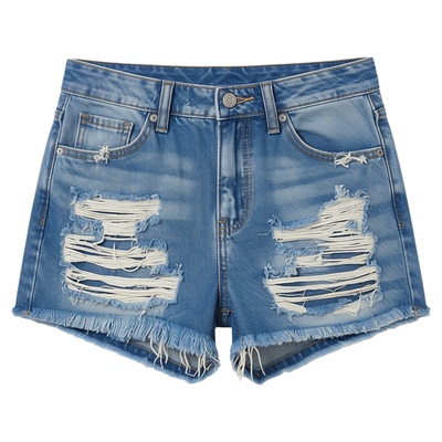 高腰流苏破洞牛仔短裤