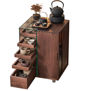 实木煮茶茶台茶水柜可移动沙发边柜客厅黑胡桃木展示柜茶桌