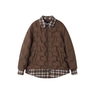 XWI欣未格纹拼接假两件棕色羽绒服女冬季宽松显瘦衬衫式保暖外套