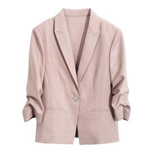 OFFIY-高雅光泽质感抽褶七分袖利落短款春夏通勤职业商务西装外套