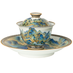 圣山粉彩手绘千里江山图盖碗景德镇手工陶瓷茶具泡茶盖碗