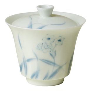 里作釉下彩青花手绘水仙花薄胎盖碗茶杯不烫手泡茶器精致功夫茶具