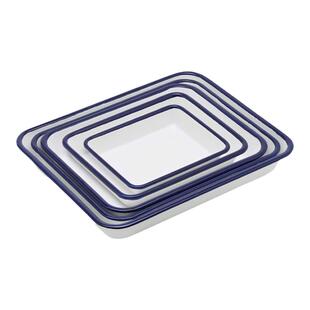 月兔印日本进口野田珐琅烤盘蓝边烘焙工具厨房平盘家用搪瓷备菜盘