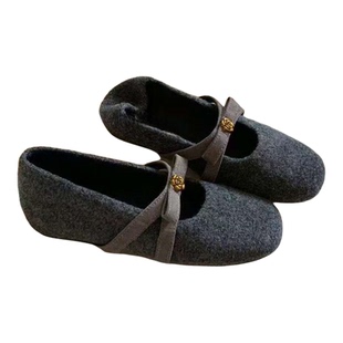 羊绒版~山茶花内增高5cm毛毛玛丽珍鞋子女秋冬加绒蝴蝶结单鞋平底