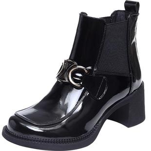 2025新款漆皮女鞋软皮粗跟切尔西小短靴及踝靴秋冬时尚高跟真皮鞋