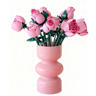 ins风粉色玻璃花瓶乐高粉玫瑰积木花束花瓶桌面家居装饰摆件礼物