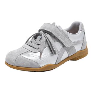 15mins魔术贴银色德训鞋女2026新款春季系带内增高休闲鞋平底板鞋