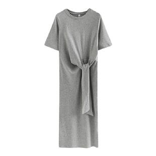 夏季短袖连衣裙长裙纯白圆领收腰显瘦裙子纯色简约绑带打结设计感