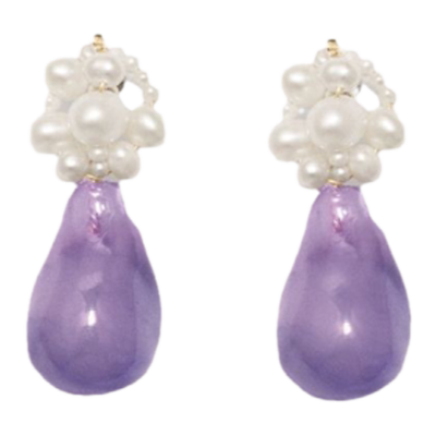 珍珠和紫丁香树脂镀金纯银耳环
