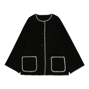 100羊毛双面呢外套女2025秋冬季高级绒感小香风短款围巾呢子大衣