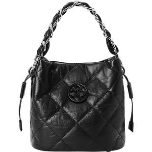 CASSILE卡思乐女包牛皮菱格水桶包单肩斜挎黑色手拎包休闲手提包