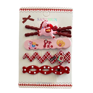 安可拉红新年马年儿童刘海夹4件套少女波点金属鸭嘴夹碎发侧边夹