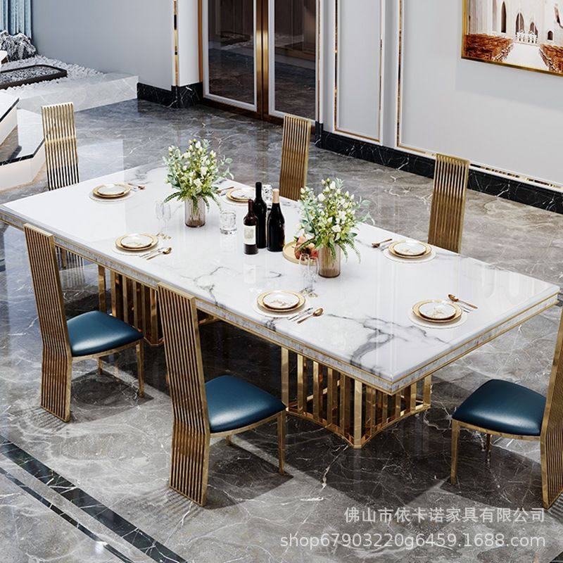 轻奢不锈钢大理石餐桌椅现代港式镀金餐厅别墅长方形岩板家用桌子,住宅家具,实木餐桌,淘宝优惠券,粉丝福利购,淘宝优惠卷
