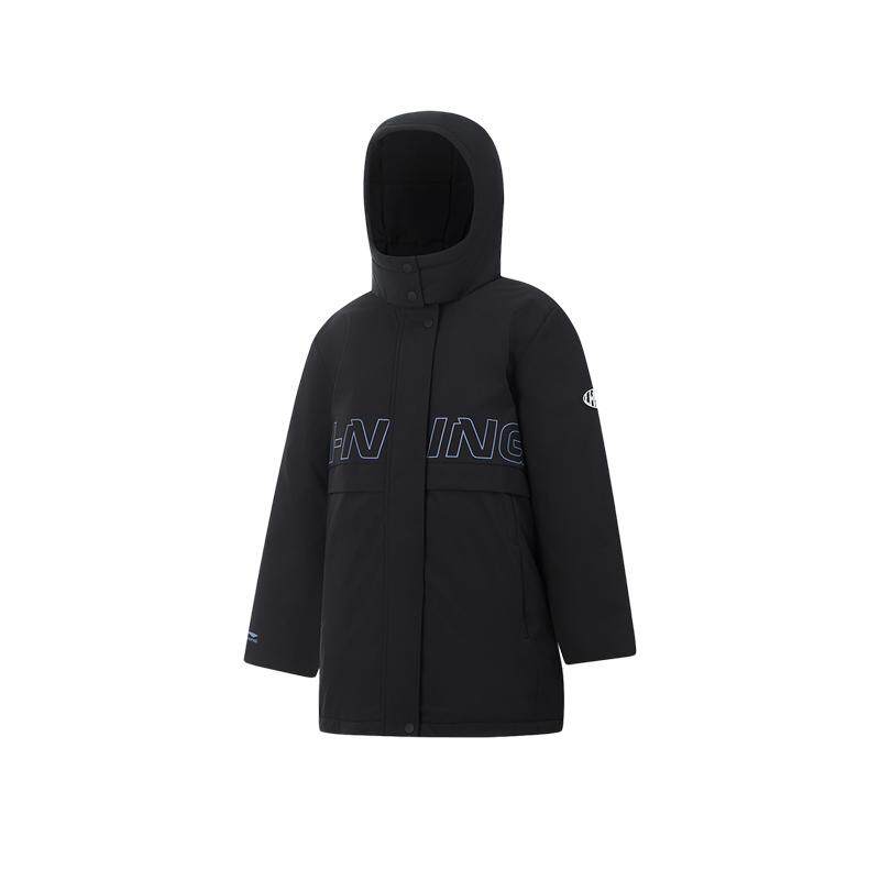 李宁童防泼水连帽女休闲中羽绒服