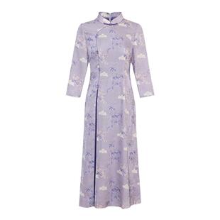 黛玛诗秋新款紫色印花连衣裙日常新中式国风改良旗袍女盘扣七分袖