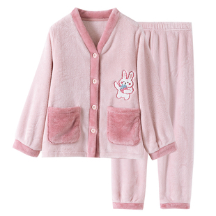 顶瓜瓜儿童法兰绒睡衣套新品V领加厚顶呱呱卡通口袋可外穿家居服