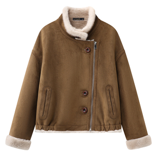 拉夏贝尔/La Chapelle高级感麂皮绒外套女冬季两面穿仿水貂绒外套