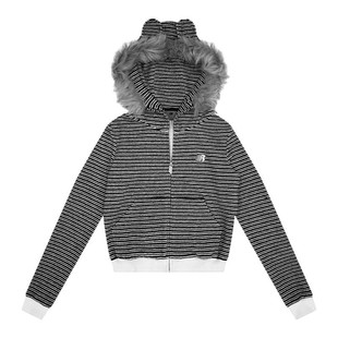 FDR氛围感春季新款拉链开衫外套兔耳朵条纹毛领修身连帽卫衣女款