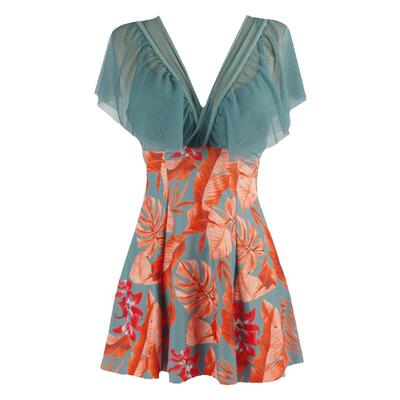 连体裙式深V游泳衣女短袖奥凯莱