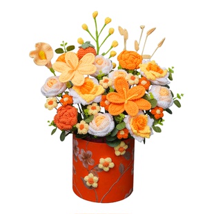 手工编织毛线郁金香玫瑰花束抱抱桶装饰摆件创意生日礼物送女闺蜜