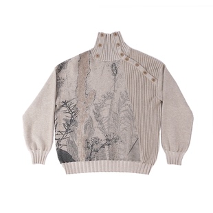 无感官&浮游野人「原野」复古翻领印花套头针织衫宽松纹理感毛衣