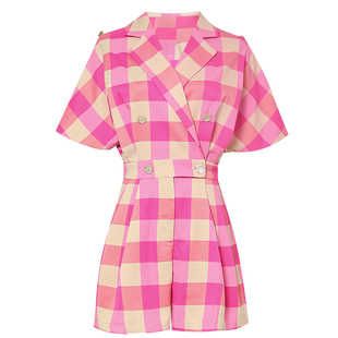 2026夏季新款时尚气质翻领连肩袖收腰修身格纹连体裤短裤裤子