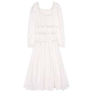 落落狷介 2025早秋新款女装白色长袖连衣裙女镂空小个子收腰裙子