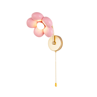 带拉线开关壁灯女孩房卧室床头灯法式奶油风粉色可爱花瓣花朵墙灯