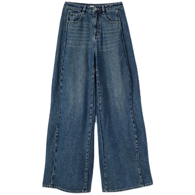 BLUEWEDIAN春季秋复古水洗纯棉高腰牛仔裤女 宽松显高阔腿长裤