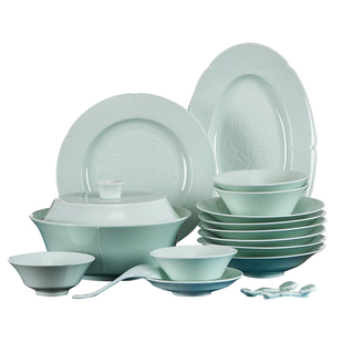 华光国瓷 景德镇影青浮雕餐具套装高温家用碗碟餐具中式高档送礼