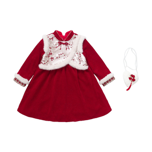 新中式女大童红色连衣裙女童加绒汉服冬装拜年服国风儿童过年衣服