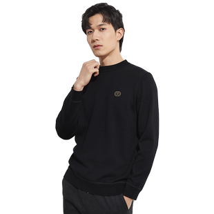 【绵羊毛】古鲨黑色中领卫衣男士商务高端加绒加厚打底衫冬装