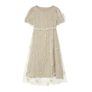 sdeer圣迪奥蝴蝶刺绣新中式连衣裙收腰网纱泡泡袖长裙S223Z12E8