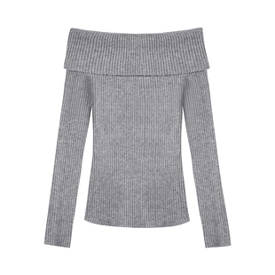 ousph【现货6折】米白色一字肩长袖毛织衫女修身高级设计感上衣