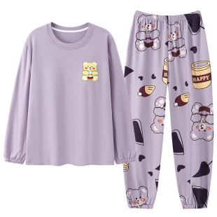 带胸垫睡衣女款春秋季2024新款长袖人造棉夏冬卡通大码家居服套装
