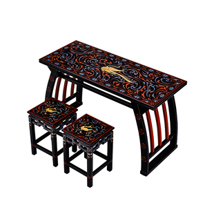 古典手工彩绘武王墩漆案家具定制实木中式漆器马蹄桌琴桌小茶桌
