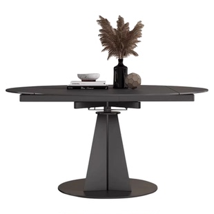 乔美特现代简约碳素钢岩板方圆两用旋转法式伸缩餐桌多功能餐桌