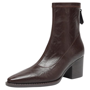 星期六棕色短靴女2025新款秋冬季高跟女靴气质尖头瘦瘦靴复古粗跟