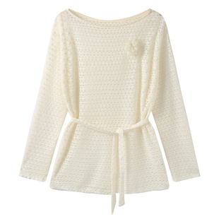 别致镂空长袖针织衫女2026早春季新款宽松百搭系带防晒衫chic上衣