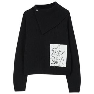 EXCEPTION例外女装羊毛中式缩绒绣花工艺不规则大翻领显瘦毛衣女