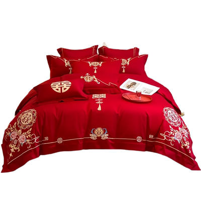 官方正品100S全棉大红婚庆四件套