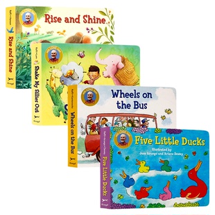 拉斐唱读童谣系列4册 英文原版绘本 Five Little Ducks 公车巴士上的轮子五只小鸭子甩掉我的小调皮太阳出来了 亲子共读启蒙纸板书